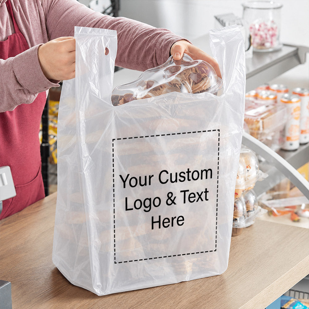 Custom 1/6 Standard Size 0.59 Mil/15 Microns Plastic T-Shirt Bags