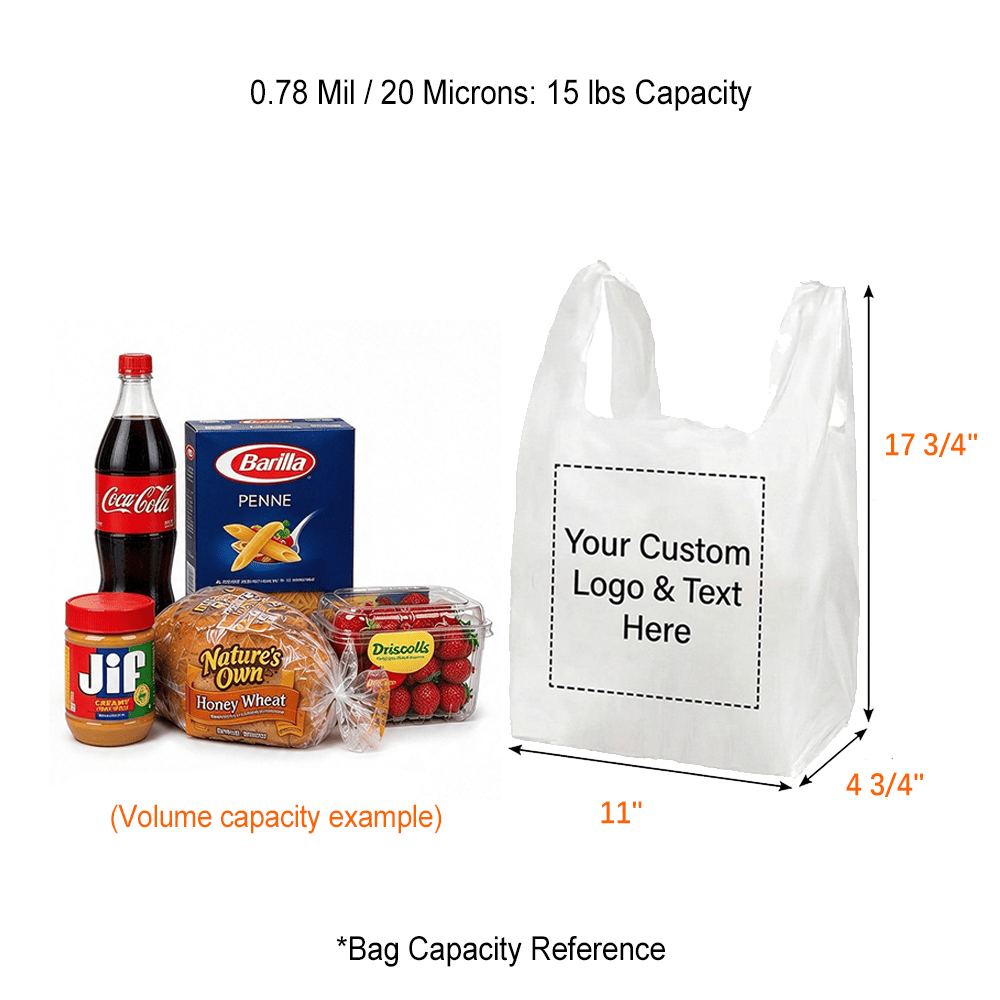 Custom 1/8 Small Size 0.78 Mil/20 Microns Plastic T-Shirt Bags