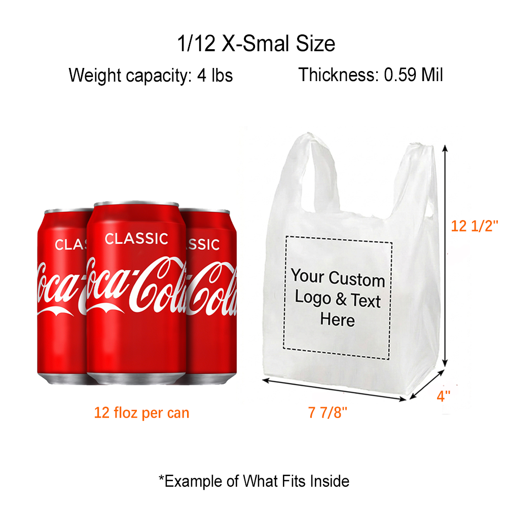 Custom 1/12 X-Small Size Heavy-Duty Plastic T-Shirt To-go Bags