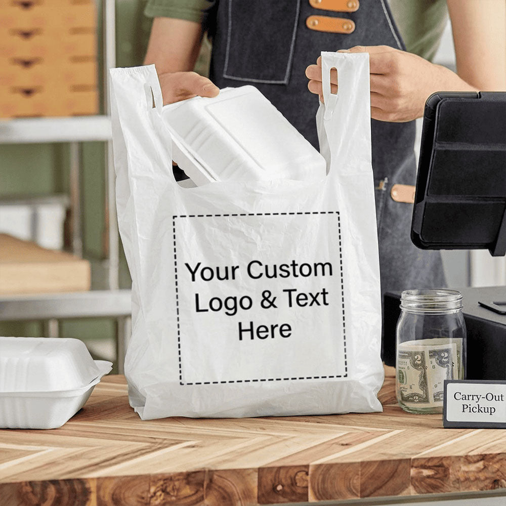 Custom 1/8 Small Size Heavy-Duty Plastic T-Shirt To-go Bags